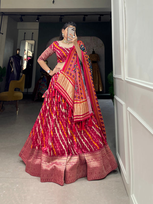 Rani Pink Color Printed With Zari Weaving Work Viscose Dola Silk Lehenga Choli