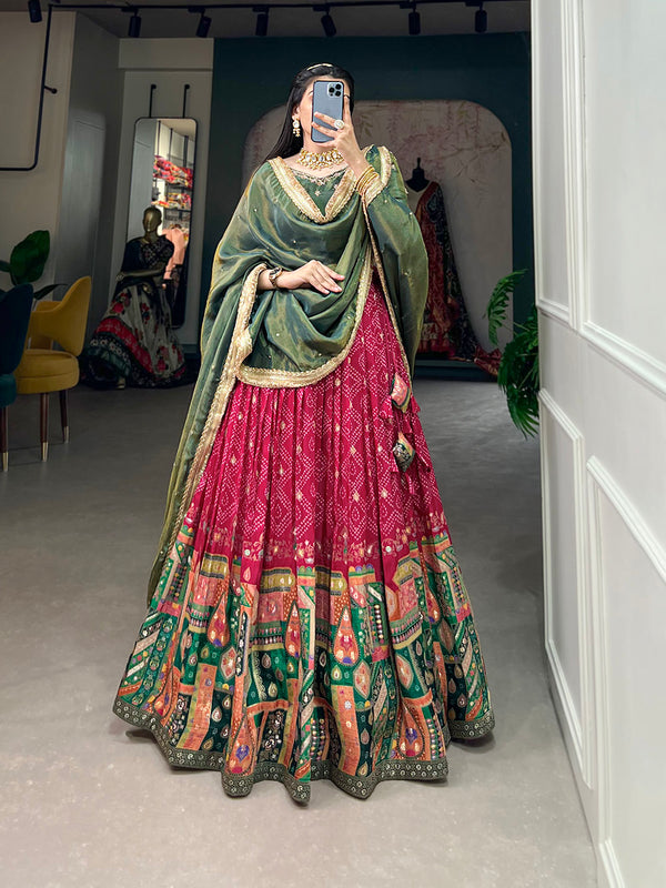 Rani Pink Color Bandhej And Position Print With Viscose Jacquard Silk Bridal Lehenga Choli