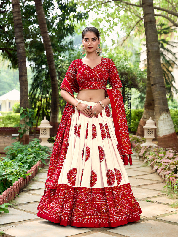 Red Color Bandhej Printed Tussar Silk Traditional Wear Lehenga Choli