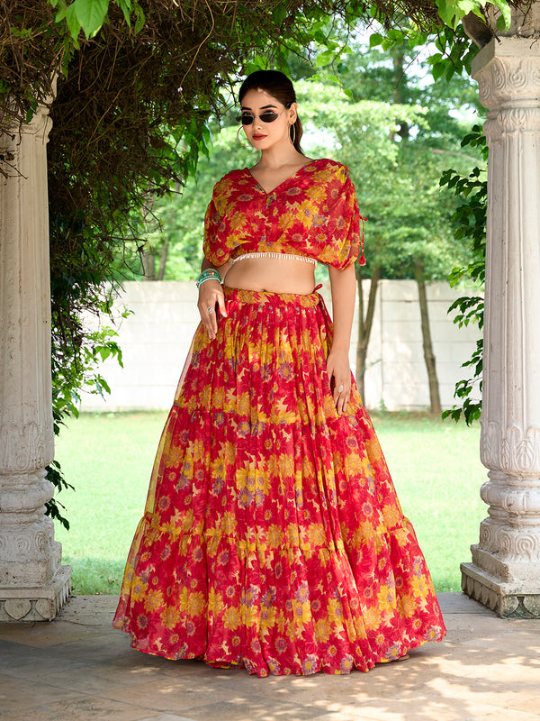 Red Color Floral Print Chiffon Co-ord Set Chaniya Choli