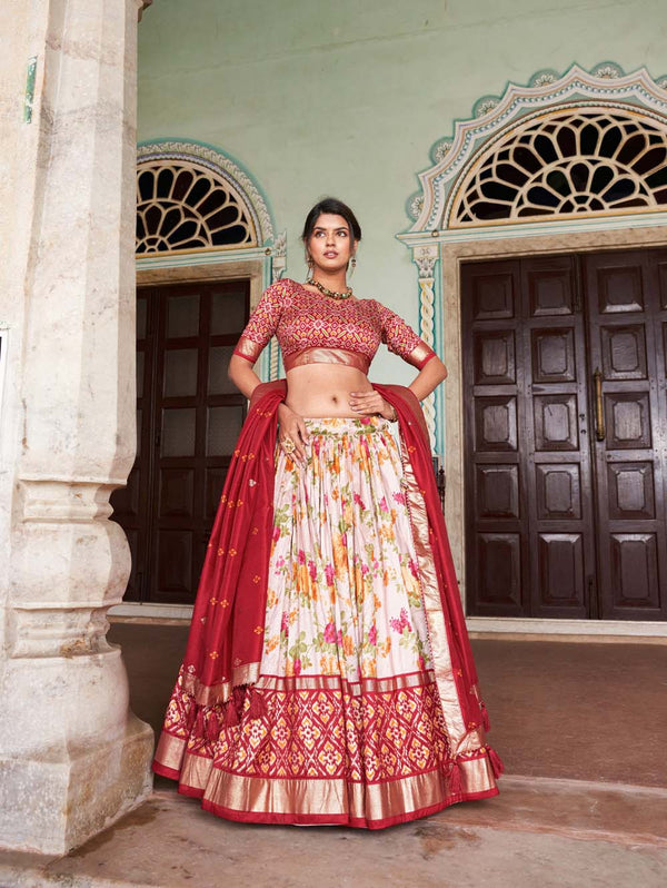 Red Color Floral And Patola Printed With Foil Work Tussar Silk Indian Lehenga Choli