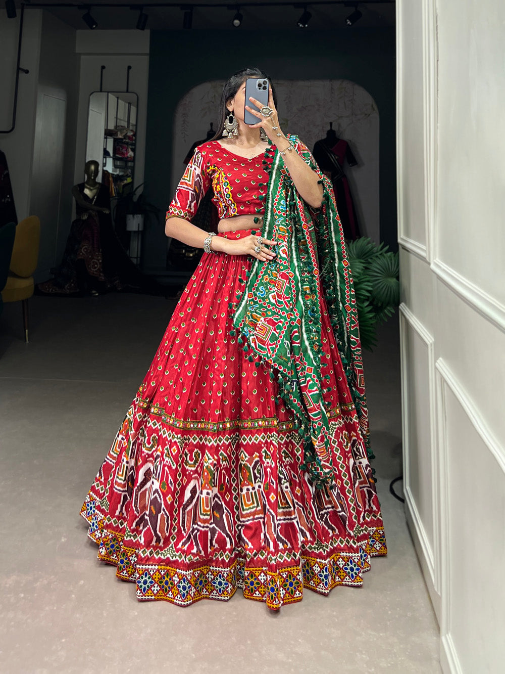 Red Color Patola Print With Gamthi Work Lace Border Dola Silk Lehenga ...