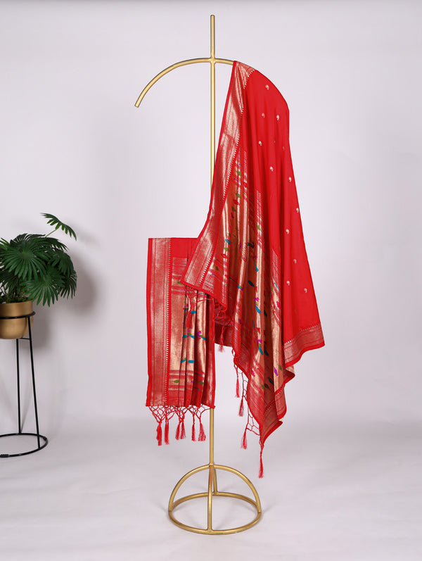 Red Color Weaving Zari Work Jacquard Silk With Paithani Dupatta