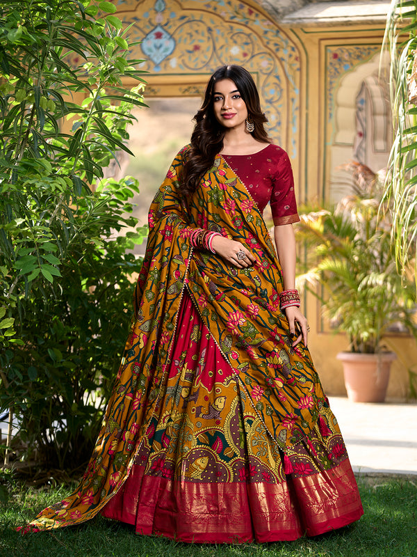 Red Color Kalamkari Print With Foil Work Tussar Silk Lehenga Choli