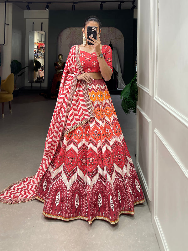 Red Color Printed With Lace Border Vaishali Silk Wedding Lehenga Choli