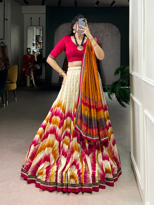 Red Color Tie And Dye Printed Tasar Silk Lehenga Choli