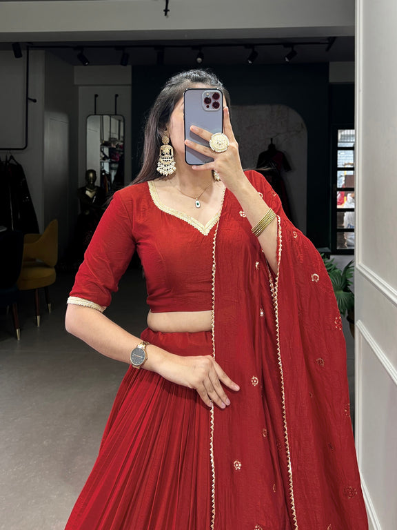 Mehendi Green Pure Chanderi Plain Zari Weaving Lehenga Choli