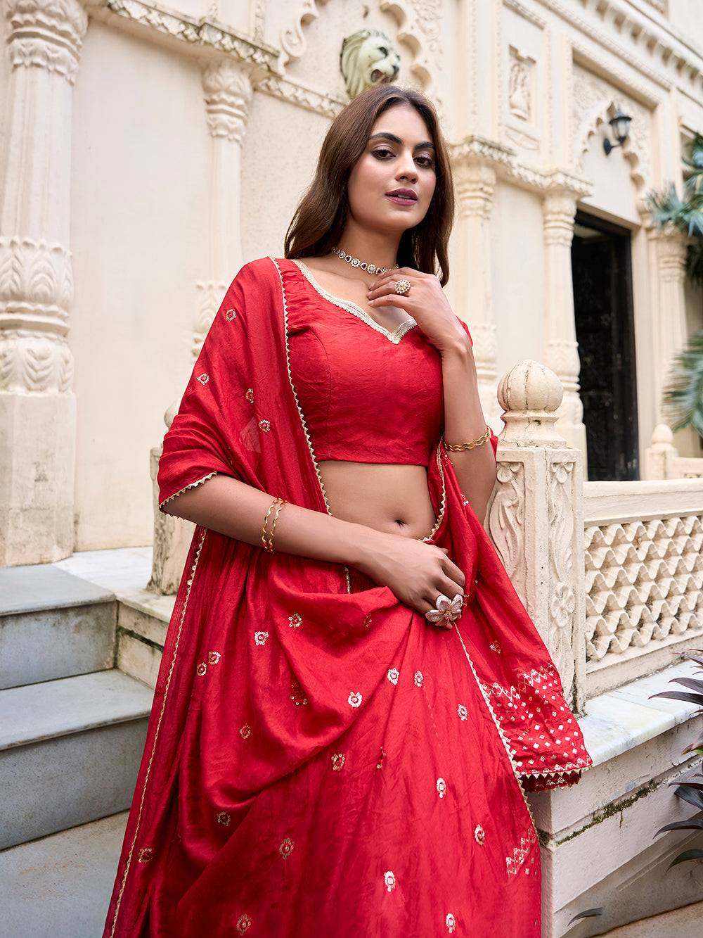 Red Pure Chanderi Bandhej Print with Lace Work Lehenga Choli