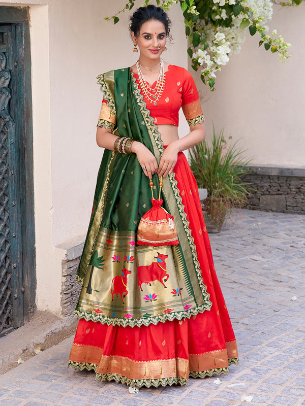 Red Color Zari Weaving Work Jacquard Silk (Paithani) Lehenga Choli