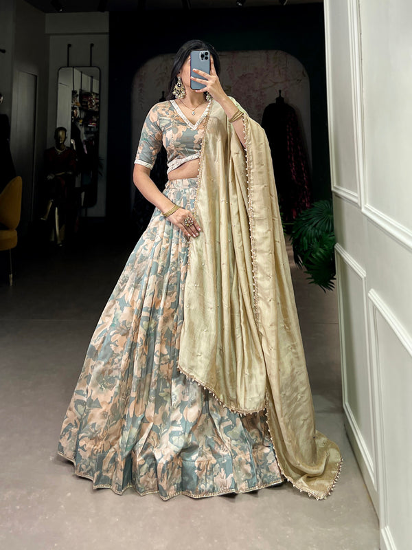 See Green Color Printed With Lace Border Tussar Silk Lehenga Choli