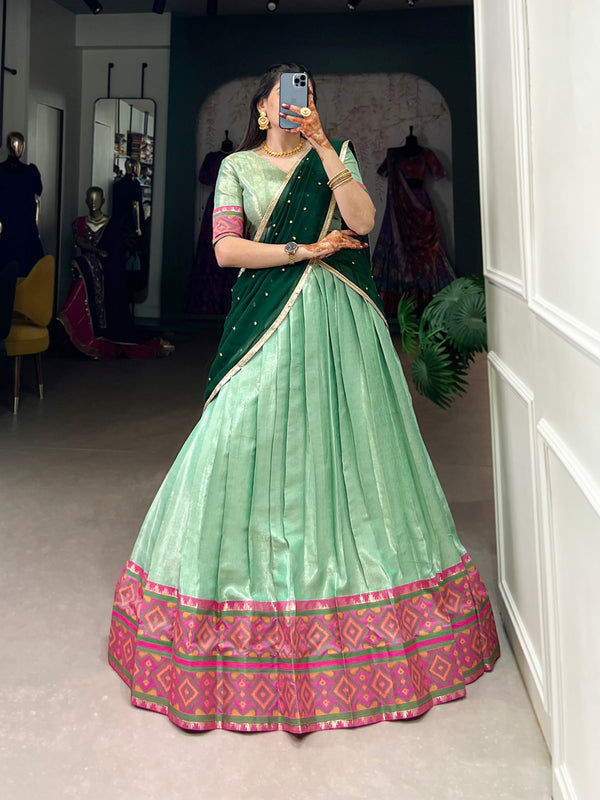 See Green Color Weaving Work With Ikkat Kanjivaram Jacquard Silk Lehenga Choli