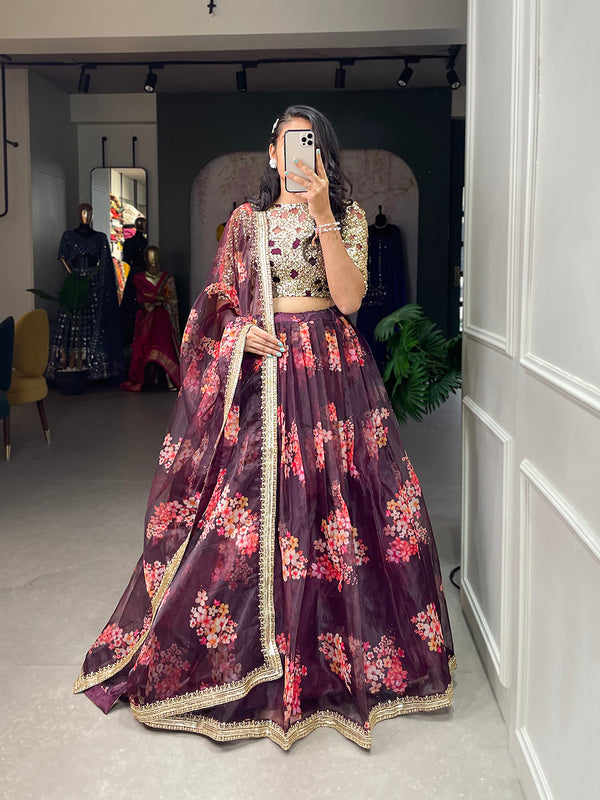 Wine Color Printed And Sequins Embroidery Lace Border Organza Lehenga Choli