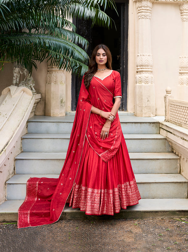 Red Color Plain With Zari Weaving Work Chanderi Lehenga Choli