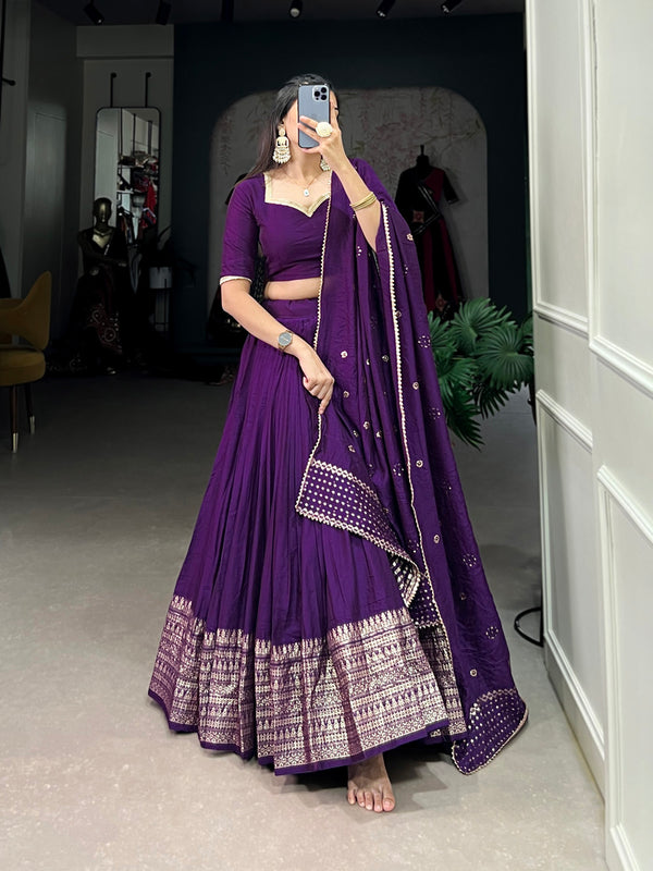 Dark Purple Color Plain With Zari Weaving Work Chanderi Lehenga Choli