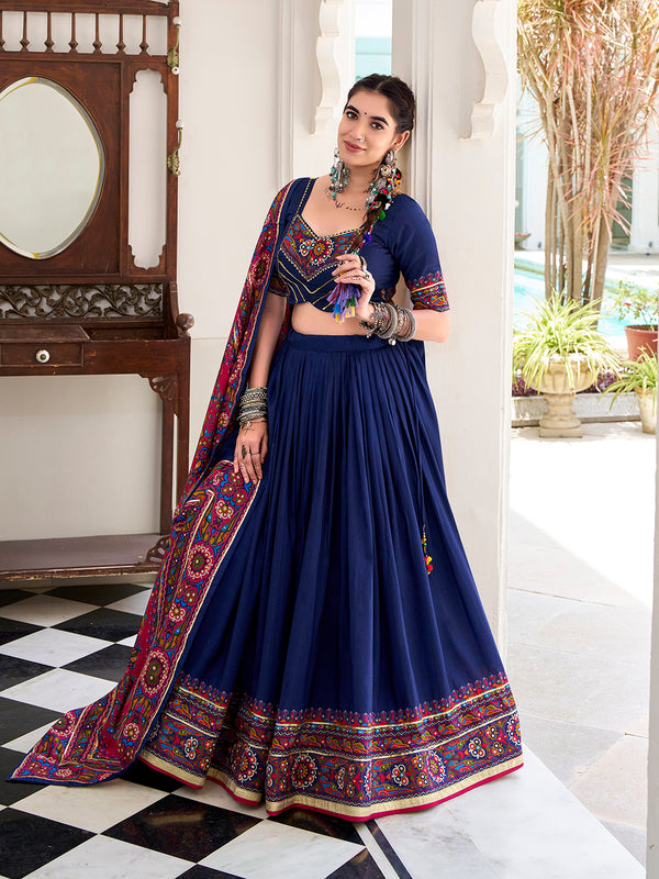 Navy Blue Color Gamthi Print And Embossed Design Tussar Silk Lehenga Choli