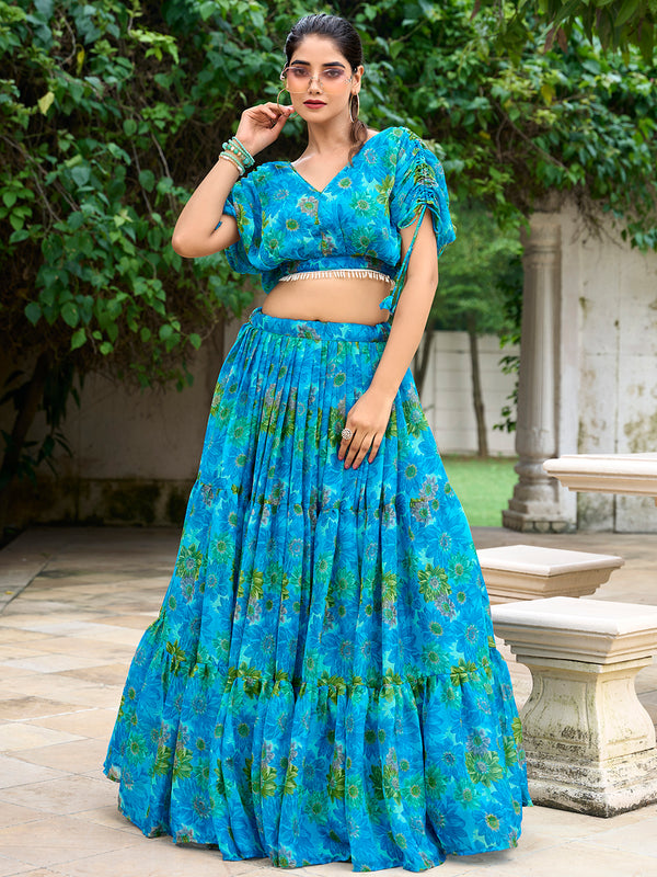 Sky Blue Color Floral Print Chiffon Co-ord Set Chaniya Choli