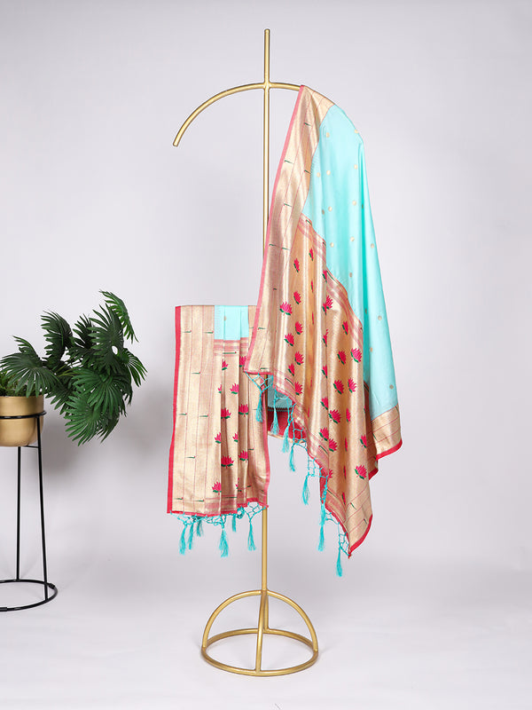 Sky Blue Color Weaving Zari Work With Tassels Jacquard Silk (Paithani) Dupatta
