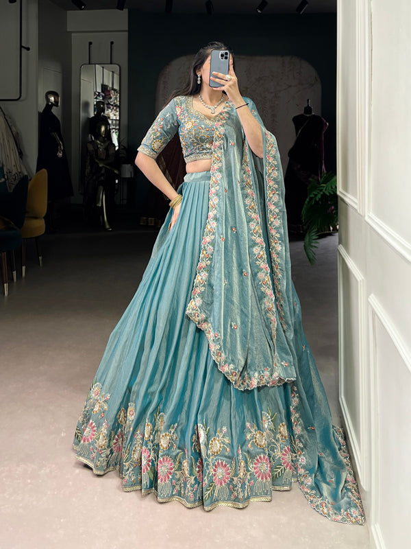 Sky Blue Color Sequince And Thread Embroidery Work Zari Shimmer Lehenga Choli