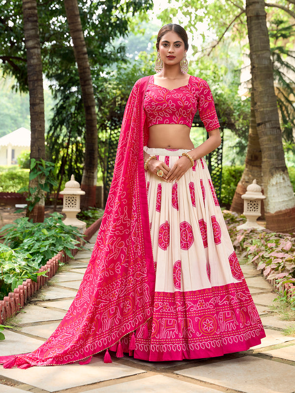 Pink Color Bandhej Printed Tussar Silk Indian Lehenga Choli