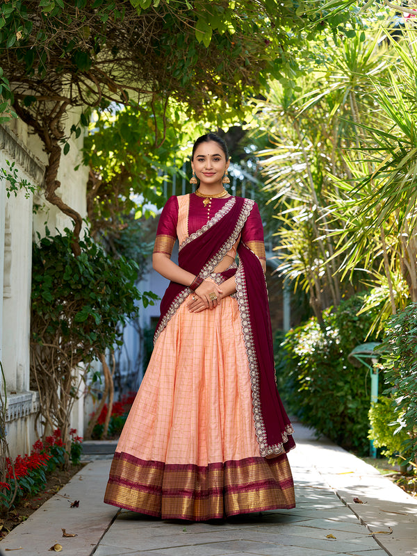 Peach Color Zari Weaving Work With Chex Lehenga Choli