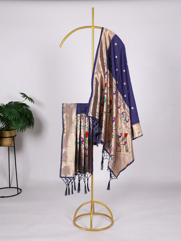 Navy Blue Color Weaving Zari Work Jacquard Silk With Paithani Dupatta