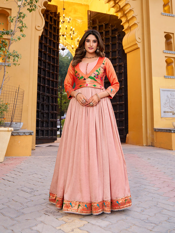 formal & gown paithani dress for women Hanshmukti Paithani Silk Anarkali Dress in Peach with Dupatta L / Pink