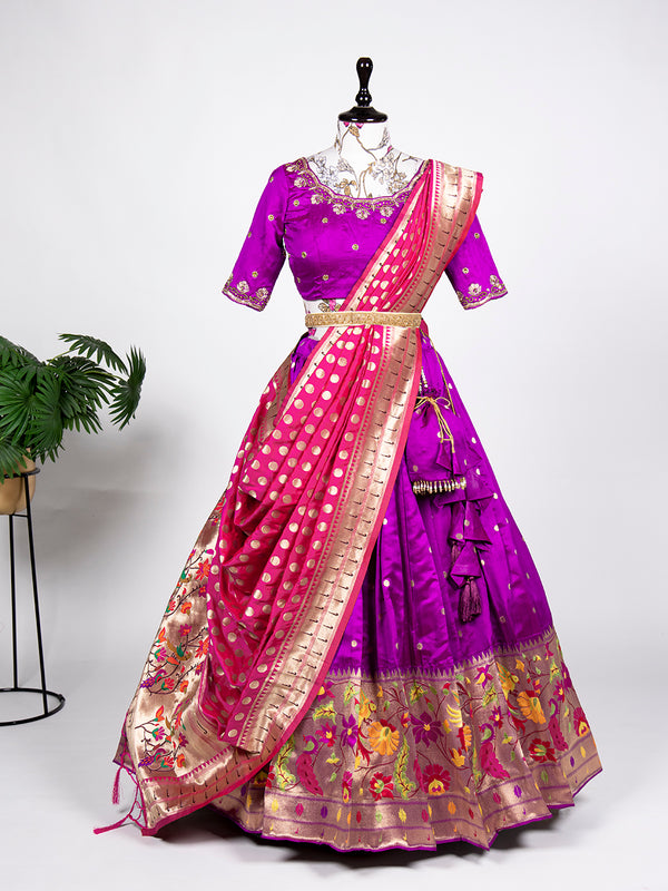 Purple Color Weaving Zari Work jacquard Paithani Silk Lehenga Choli