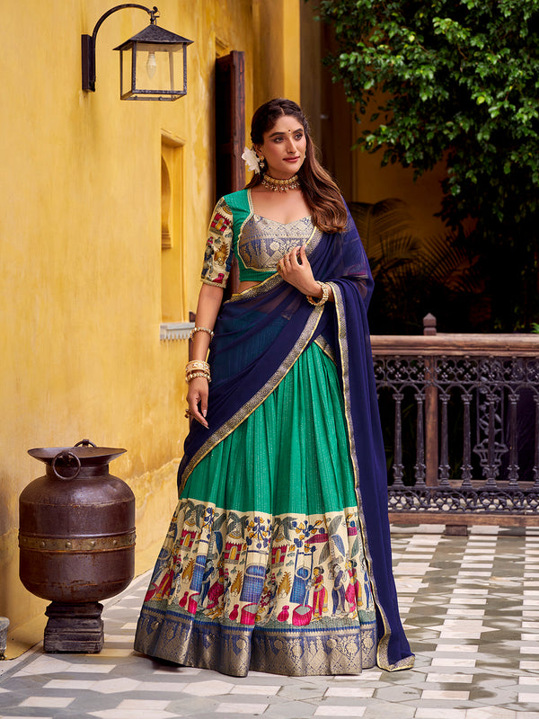 Bottle Green Color Kalamkari Print With Zari Weaving Work Poly Chanderi Lehenga Choli