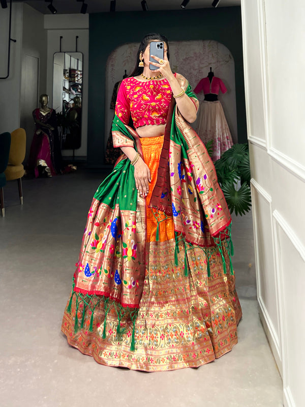 Orange Color Jacquard (Paithani) Zari Weaving Work South Indian Lehenga Choli
