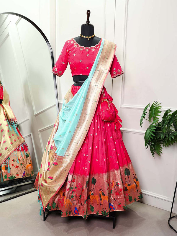 Rani Pink Color Weaving Zari Work Jacquard Silk Lehenga Choli