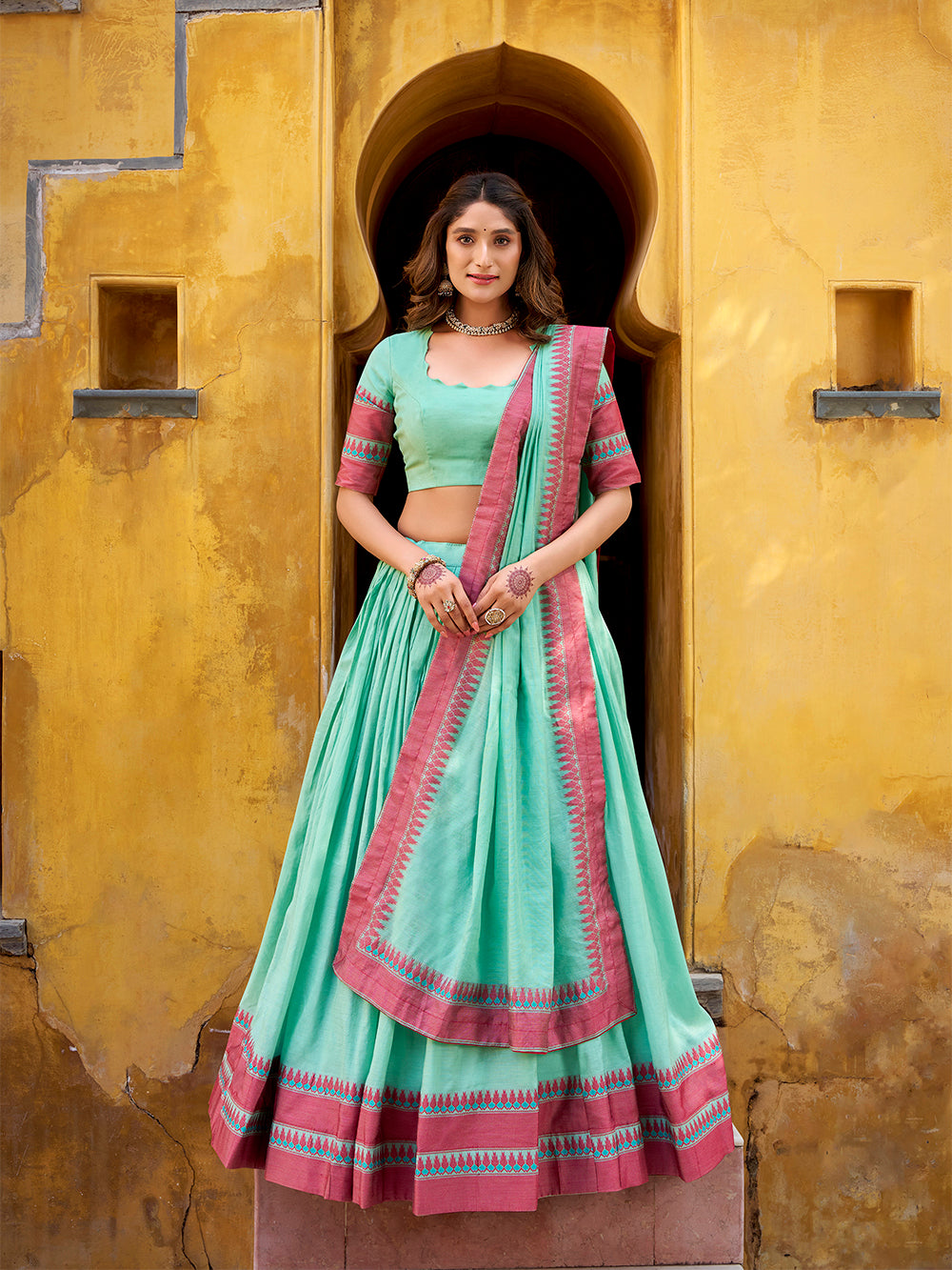 Indian Thread Work Sky Blue Color Thread Work With Chanderi Lehenga – Looknbook Art