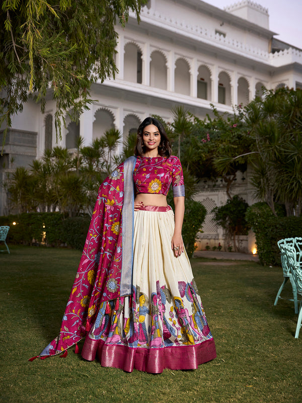 Off White Color Printed (Kalamkari) With Zari Weaving Border Dola Silk Lehenga Choli