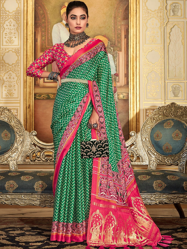 Green Color Digital Printed Pure Gaji Silk Saree