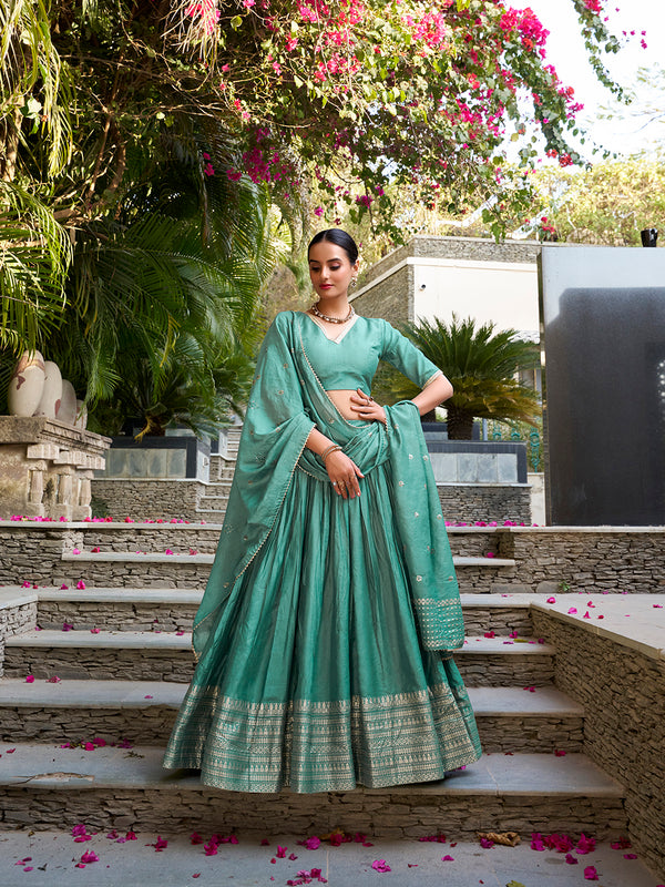 See Green Color Plain With Zari Weaving Work Border Chanderi Wedding Lehenga Choli