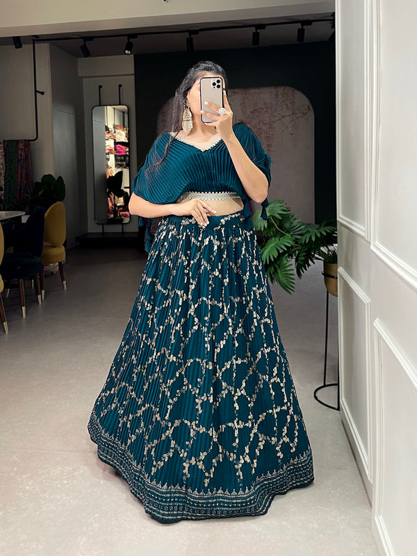 Teal Color Sequins And Thread Embroidery Work Crushed Georgette Co-Ord Set Lehenga Choli