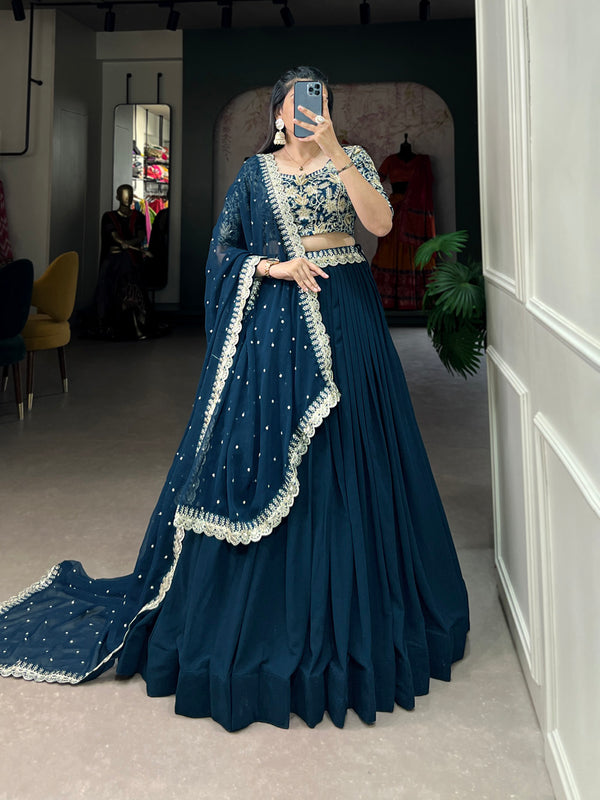 Teal Color Plain With Sequins And Thread Embroidery Work Georgette Lehenga Choli