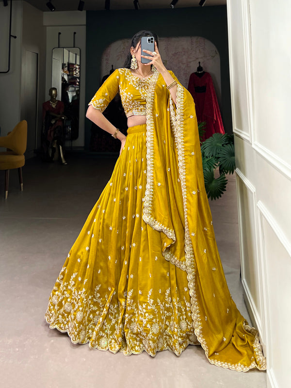 Mustard Color Sequins And Thread Embroidery Work With Vichitra Silk Lehenga Choli