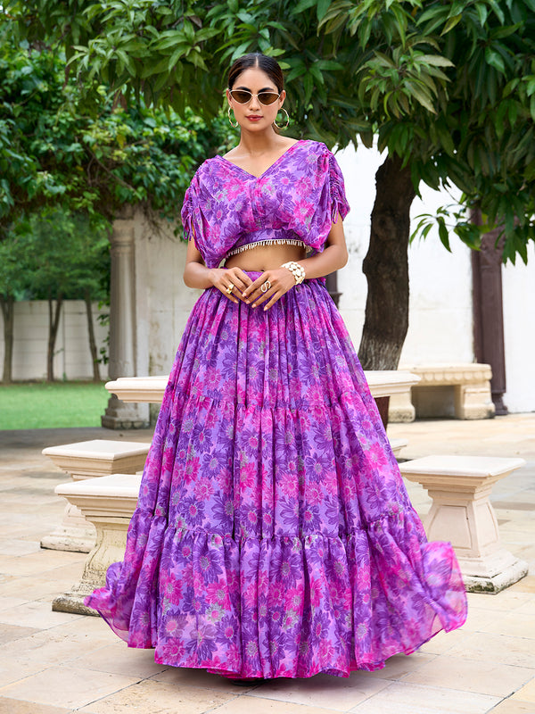 Purple Color Floral Print Chiffon Co-ord Set Chaniya Choli