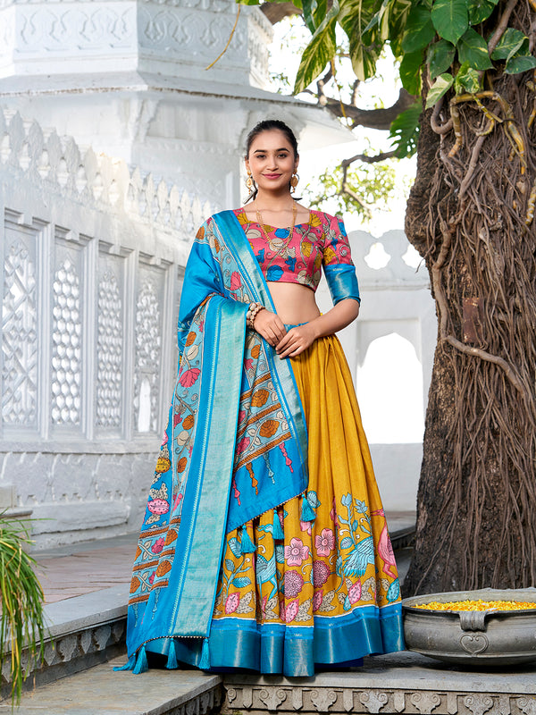 Yellow Color Printed (Kalamkari) With Zari Weaving Border Jacquard Silk Lehenga Choli