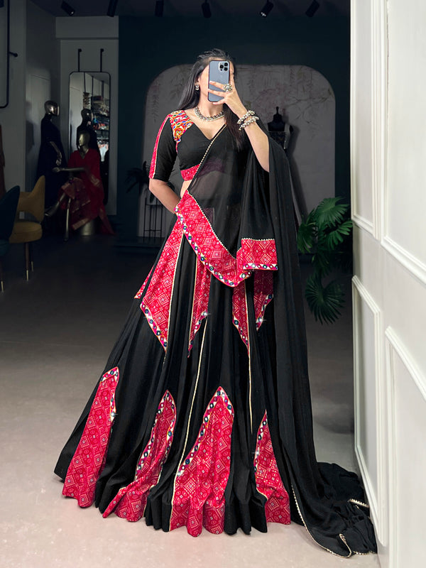 Black Color Bandhej Print With Gamthi Lace Touch Up Rayon Chaniya Choli
