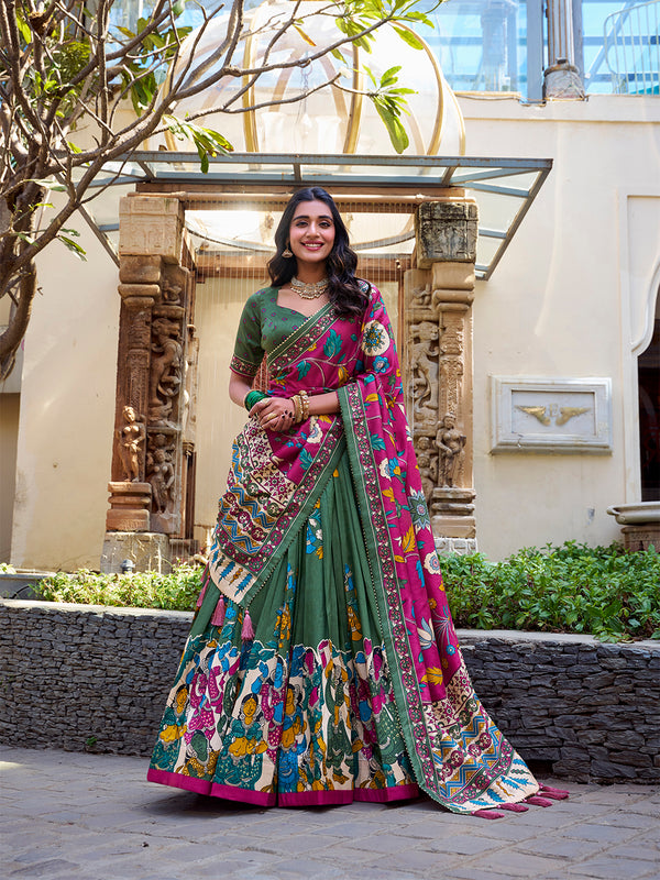 Mehandi Color Kalamkari Print With Foil Work Tussar Silk Lehenga Choli