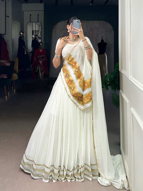 White Color Position Print With Lace Touch Up Marbel Lehenga Choli