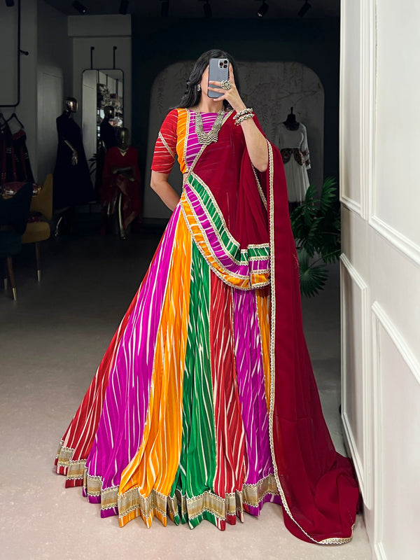 Multi Color Leheriya Print With Embossed Design Georgette Lehenga Choli