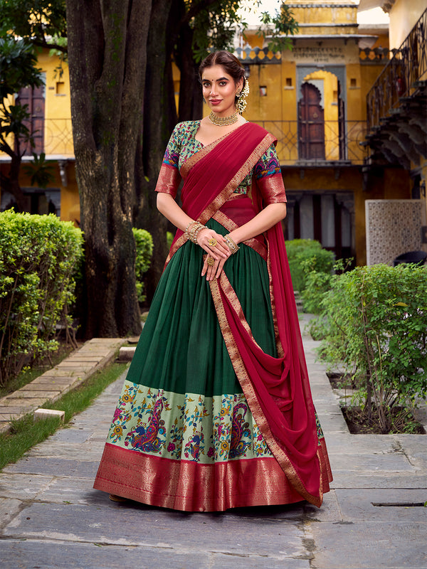 Green Color Printed With Zari Weaving Work Astha Silk Lehenga Choli