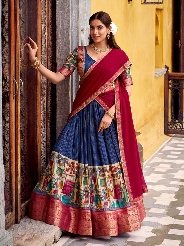 Navy Blue Color Kalamkari Print With Zari Weaving Work Poly Chanderi Lehenga Choli
