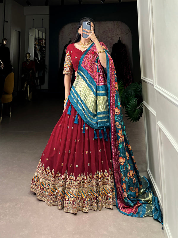 Maroon Color Sequins And Thread Embroidery Work Georgette Lehenga Choli