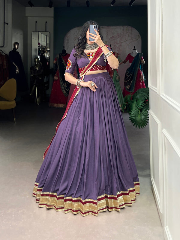 Mauve Color Embossed Design With Sequins Lace Border Rayon Navratri Lehenga Choli