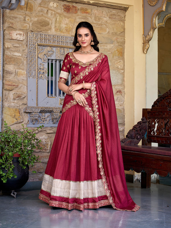 Salmon Color Zari Weaving Work Lace Border Vichitra Silk Lehenga Choli