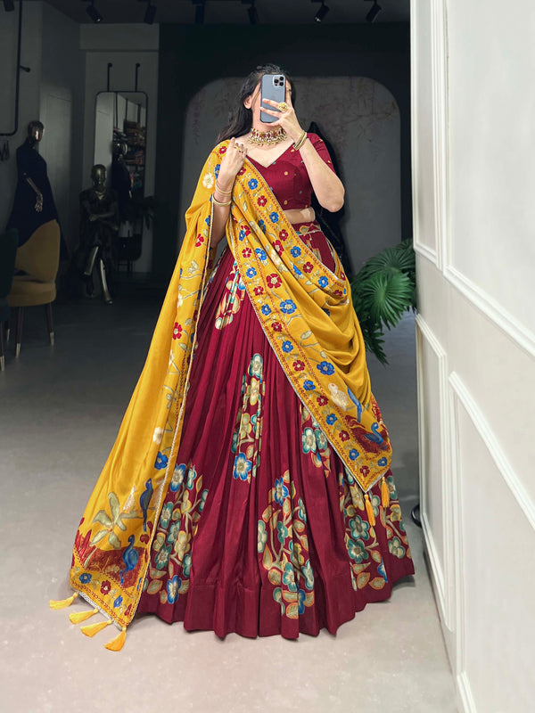 Maroon Color Printed And Foil Work Tussar Silk Lehenga Choli