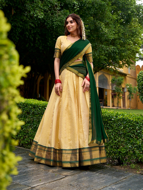 Green Color Zari Weaving Work Kanchipuram Lehenga Choli – Looknbook Art